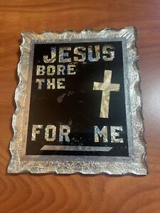 Vintage Jesus Cross Reverse Painted Foil Scalloped Edge Glass Sign Tramp Art