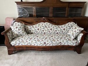 Antique Victorian Empire Carved Wood Upholstered Sofa Couch French Country Chic