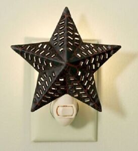 Country Farmhouse Metal Star Night Light Rustic Red Black Crackle Finish