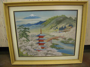 Vintage Mid Century Signed Japanese Landscape Painting On Fabric Silk 1
