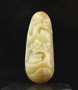 China Old Natural Hetian Jade Hand Carved Statue Flower Landscape Pendant