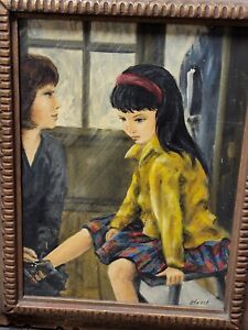 Cute Vintage Mom Daughter Mid Century Big Eyed Girl Era Oil Painting Street