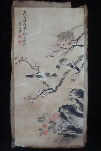 Very Large Old Chinese Hand Painting Beautiful Flowers Birds Jiangtingxi Mark