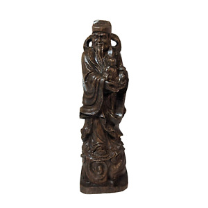 Chinese Wooden Old Man With Baby Statue Carved Wood Figure Sculpture Vintage Art