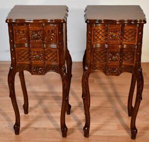 1940 Pair Of French Carved Walnut Small Nightstands Bedside Tables