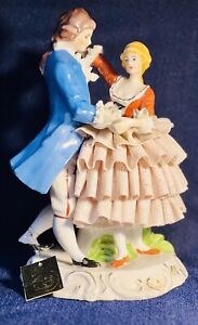 Vintage Victorian Dresden Germany Porcelain Dancing Couple Lace Figurine