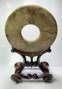 Chinese Archaic Jade Bi Disc With Wooden Stand Brown Vein Jade Neolithic