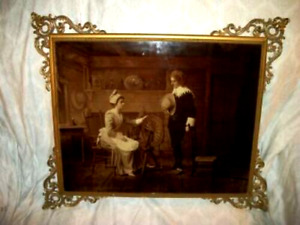 Victorian Sepia Print Crystoleum Brass Corners Colonial Couple Huge Antique 1880