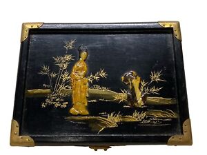 Exotic Oriental Chinese Wood Jewelry Trinket Box With Mirror Vintage Brass