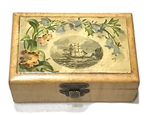Antique Vintage Late 1800 Hand Painted Lacquered Ship Wooden Box Case Old