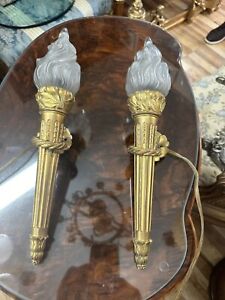 Exquisite French Empire Dore Bronze Torch Light Wall Sconces Frosted Shades