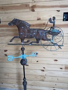 Antique 32 Copper Horse Sulky Weathervane W Jockey Directionals