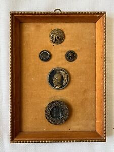 Rare 5 Antique Metal Picture Buttons On Original Framed Decorating Matt Board