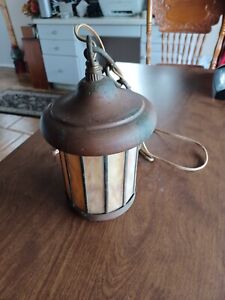 Antique Slag Glass Iarts And Crafts Style Hanging Light Fixture Lamp Copper