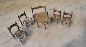 Antique Silver Miniature 19th Century Table Bench 4 Chair Set 835 Silver