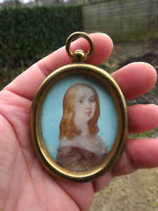 Antique Miniature Portrait Paint Reverse Glass Girl 19thc