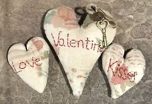 Three Primitive Old Quilt Valentine Heart Shelf Pillows One Big Two Little