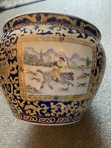 Chinese Antique Porcelain Rare Koi Fish Bowl Hunt Scene Navy