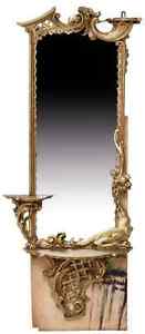 Wall Mirror Florentine Giltwood Crest Shelves Winged Motif Early 1900s 