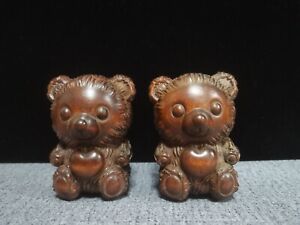 Excellent Chinese Boxwood Carved Lovely Little Bear Statue A Pair Figurines Gift