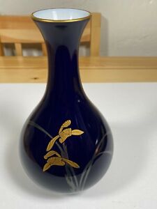 Japanese Vintage Koransha Porcelain Royal Blue Vase With Gold Orchid