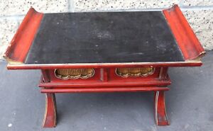 Antique Japanese Black Red Lacquer Wood Offering Table W Drawers Stool Asian