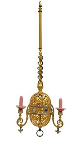 Antique Gilt Metal And Glass Gas Lantern Chandelier In Renaissance Style