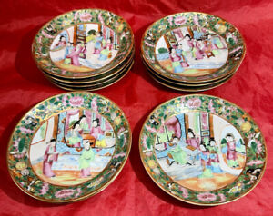 Ten Antique 19th Century Chinese Porcelain Rose Medallion Famille Dessert Plate