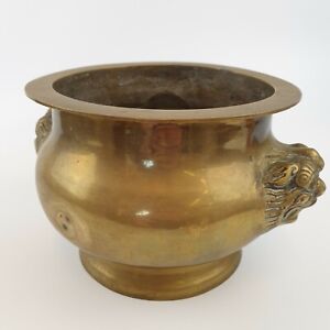 Antique Chinese Brass Bronze Censor Jardiniere Temple Lion Handles 18cm X 13cm