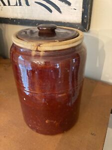 9 Stoneware Jar Or Crock Brown Red Glaze W Lid Antique Primitive Farmhouse