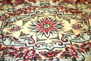1920s Belgium Starburst Roses Tapestry Bedspread Woven Reds Aqua Yellow Antique