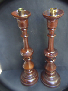 Pair Antique Oak Wooden Hand Turned 15 Tall Candlesticks Holders 1900 S Rare
