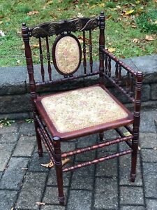 Antique Victorian Bobbin Turned Needlepoint 3 Corner Chair Fabric Medallion Seat