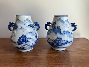 Antique Pair Chinese White And Blue Qing Dynasty Porcelain Vase Kangxi Mark