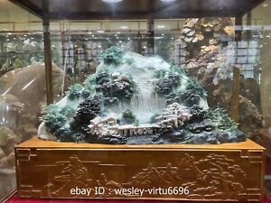 Natural Green Jade Stone Handmade Carved Hill Landscape Scenery Art Ornaments Wn