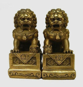 Brass Folk Fengshui Fu Foo Dogs Guardion Door Lion Statue Pair 7cm Wish U Wealth