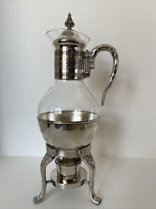 Greek Key Vtg Silver Plated Glass Coffee Server Pot W Stand Warmer Cup Lid