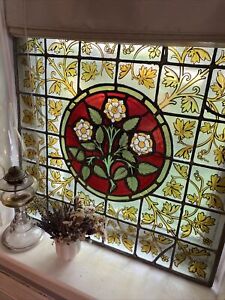 Antique Victorian Tudor Theme Leaded Stained Glass Window Brilliant 19th Century