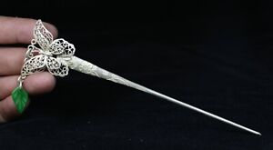 18cm Rare Old China Miao Silver Jade Dynasty Butterfly Flower Jewelry Hairpin