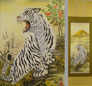 Ik552 Tiger Zodiac Animal Hanging Scroll Japanese Art Painting Antique Picture