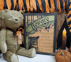 Victorian Primitive Vintage Gothic Steampunk Style Halloween Owl Beware Sign