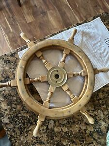 Old Look 18 Pirate Wooden Ship Wheel Vintage Boat Nautical Decor Brass Center