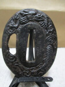 Tsuba Japanese Sword Guard Dragon Engraved Iron Signed Antique From Japan