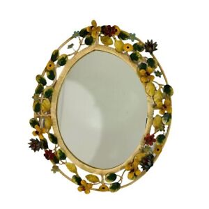 Vintage Toleware Mirror Yellow Multicolor Floral Shabby Chic 16 X 19 