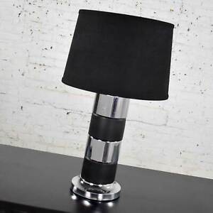 Vintage Art Deco Style Chrome Black Horizontal Stripe Cylindrical Table Lamp