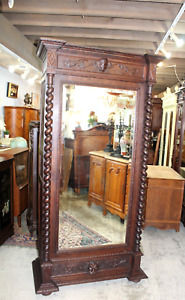 French Antique Oak Wood Renaissance Style Mirrored 1 Door Armoire
