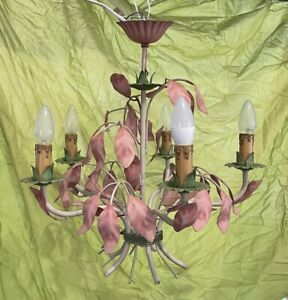 French Italian Tole Chandelier Floral Pink Green Metal Leaves 5 Arm Vintage