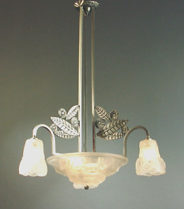 French Art Deco Chandelier With Degu Bowl And 3 Tulipes Brushed Nickel Finish