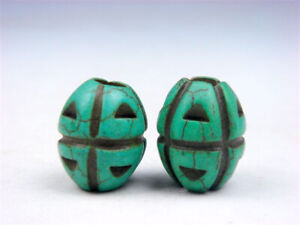 Pair Old Tibetan Turquoise Carved Grenade Shaped Little Beads 03012301