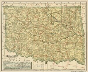 Oklahoma Map Authentic 1908 Dated With Counties Towns Topography Railroads